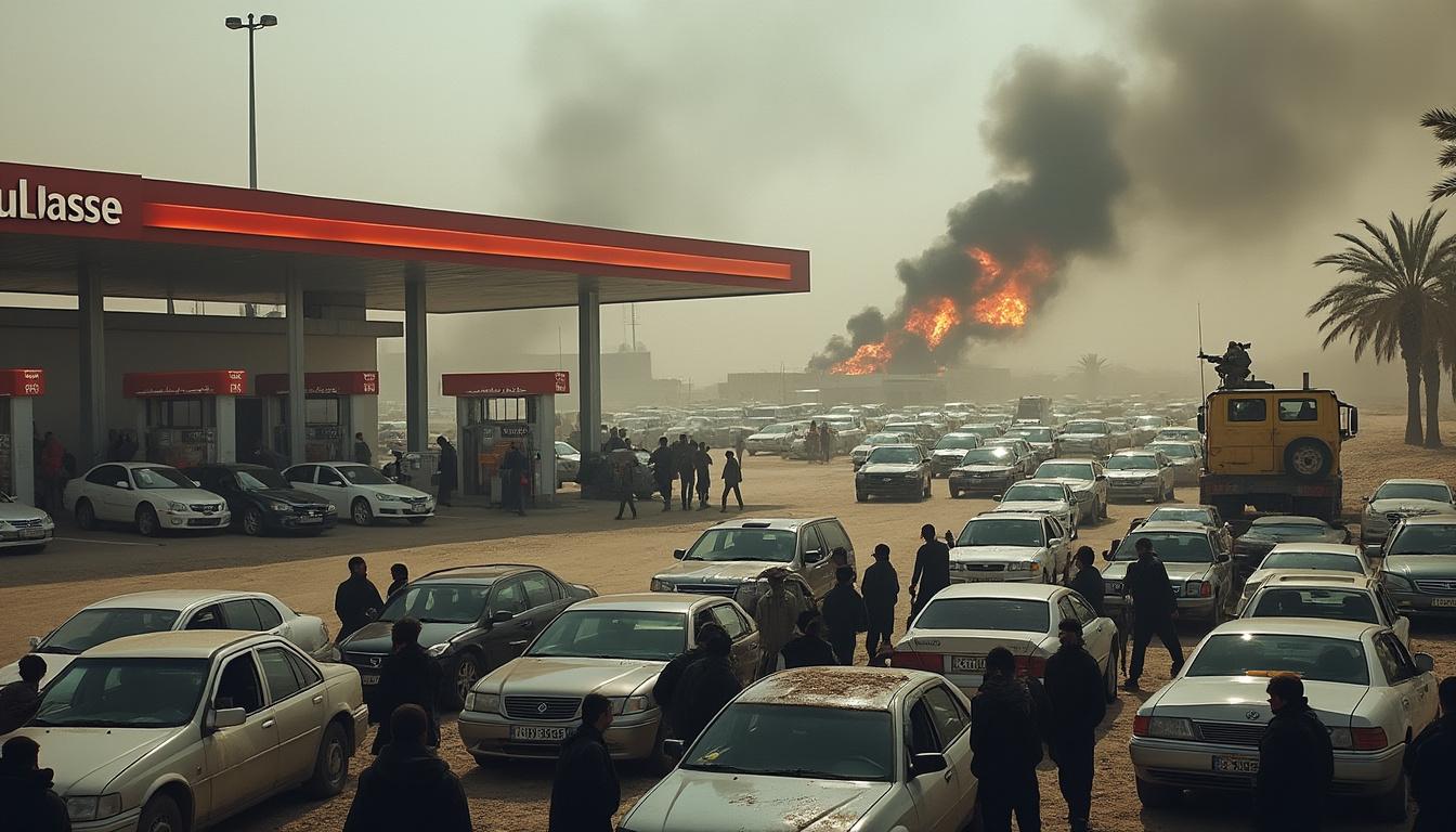 découvrez les images saisissantes de la guerre en iran montrant la ruée et la panique dans les stations-service, avec des automobilistes pris de panique face à la crise.